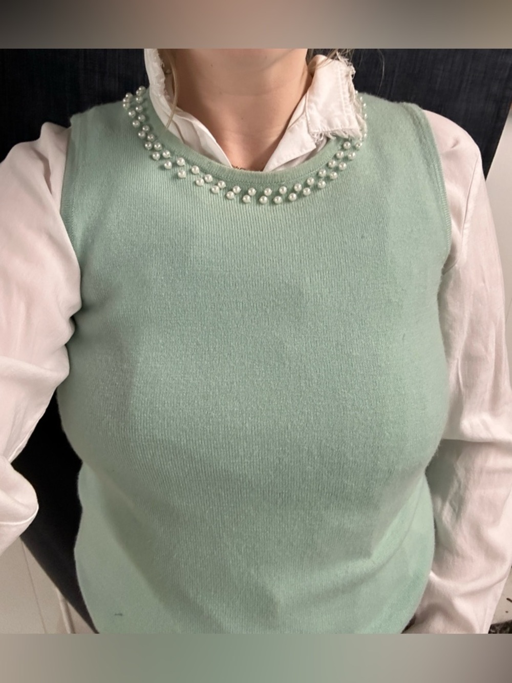 Vintage Mint Green Sleeveless Sweater Pearl Beaded Neckline Petite Elegant Top